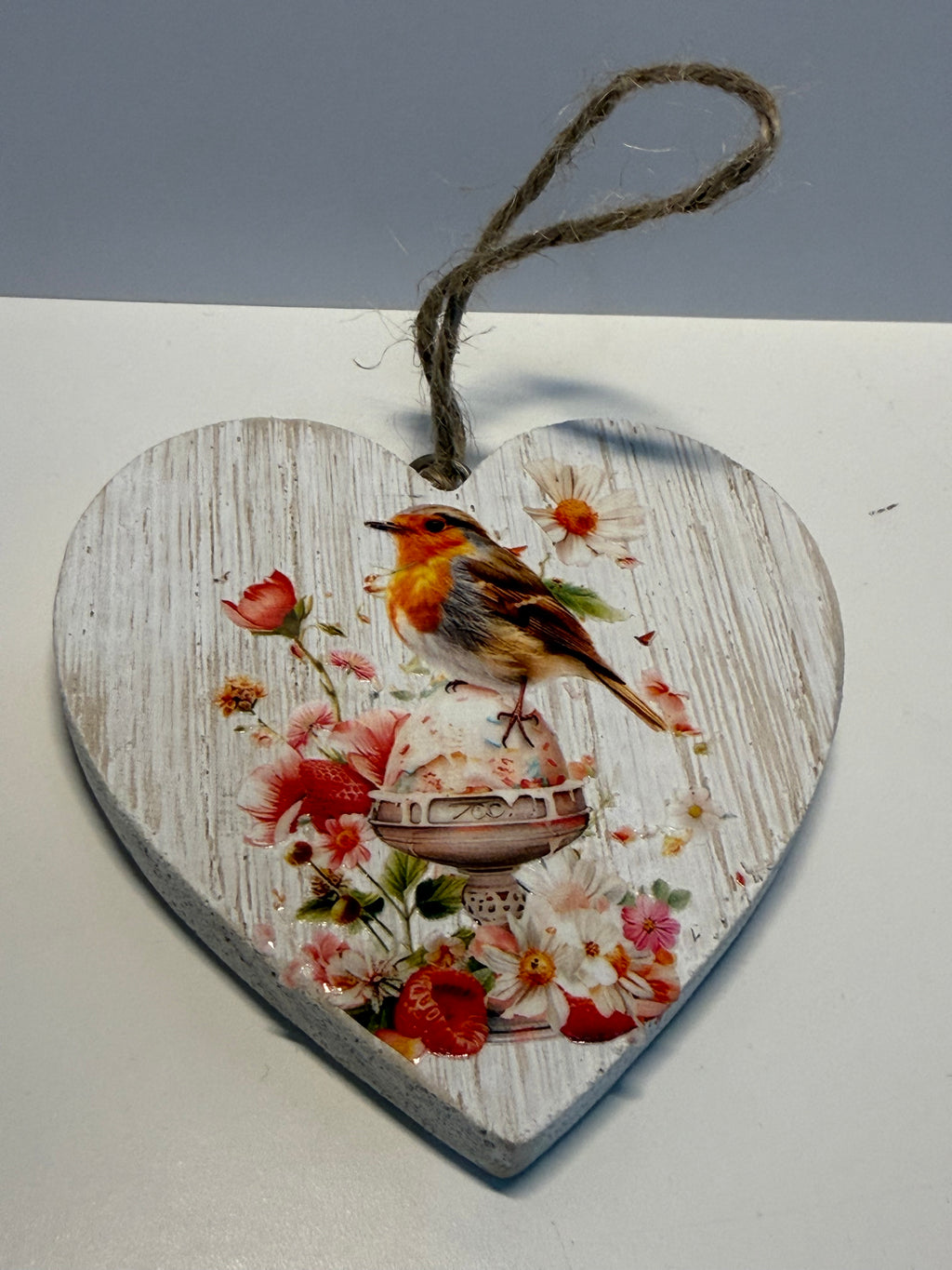 Robin White Wooden Heart